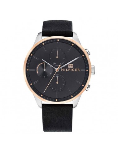 Tommy Hilfiger Men's Quartz Watch - Chase Two Tone Case Black Leather Strap | 1791488 de pas cher