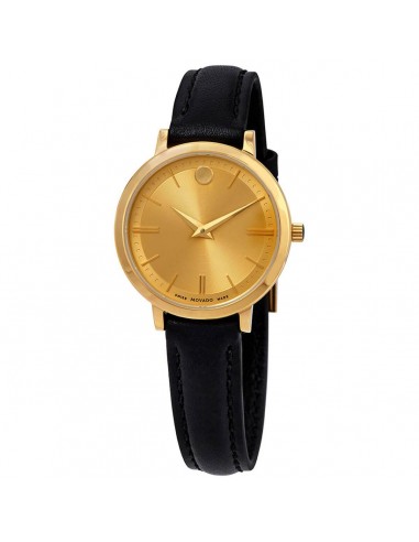 Movado Women's Quartz Watch - Ultra Slim Gold Tone Dial Black Leather Strap | 0607158 les ligaments