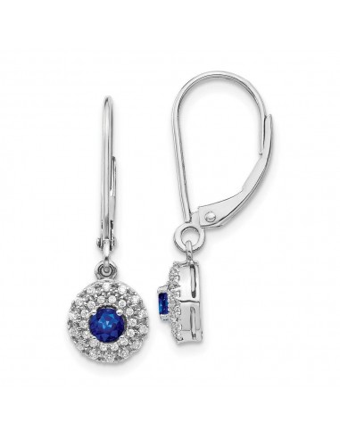 14k White Gold Diamond Halo Sapphire Leverback Dangle Earrings pas chere