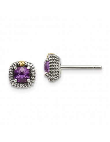 Sterling Silver w/14k Square Cushion Amethyst Post Earrings Jusqu'à 80% De Réduction