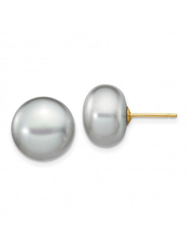 14k 11-12mm Grey Button FW Cultured Pearl Stud Post Earrings brillant des détails fins